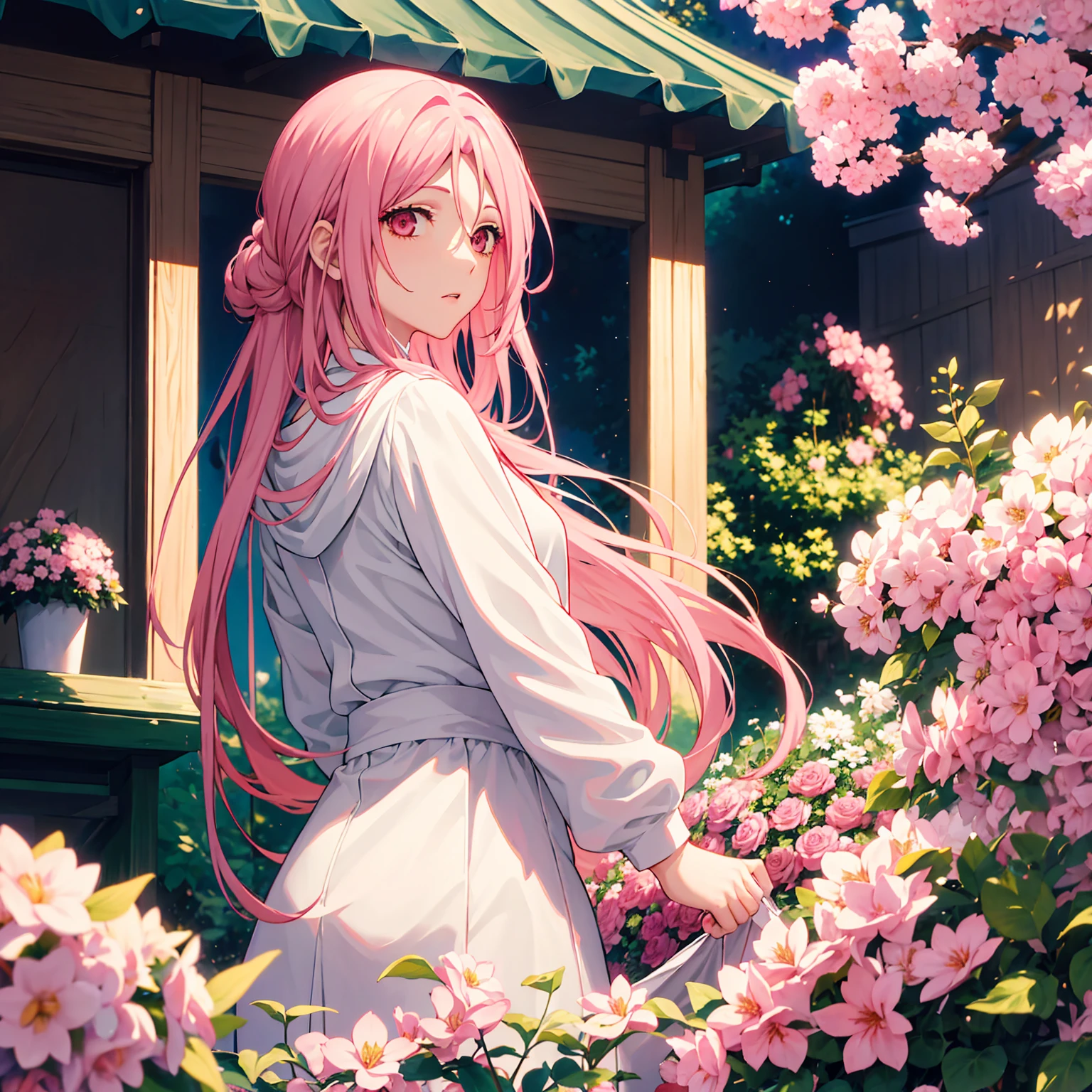 absurdres, highres, ultra detailed, HDR, master piece, best quality, Momoi Satsuki, pink long hair, expressive red eyes, Kuroko No Basket, solo, woman, beautiful, white jacket, blossoms, pink flowers, garden