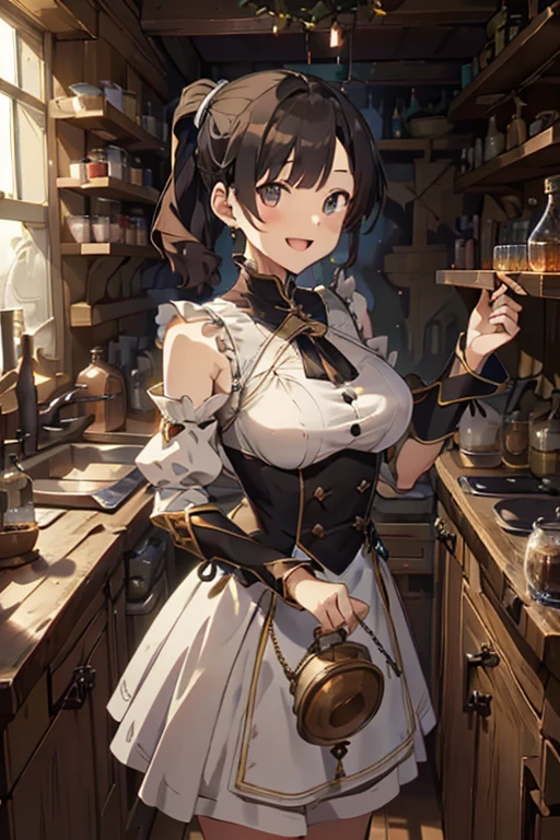 (fantasy:1.5),(anime,8k,masterpiece, top quality, best quality,beautiful and aesthetic:1.2,professional illustrasion:1.1,ultra detail:1.3,perfect lighting),extremely detailed,highest detailed,incredibly absurdres , highres, ultra detailed,intricate:1.6,(Alchemy Workshop:1.4),A girl mixing,Medicine in many small bottles,holding small potion,colorful:1.4,zentangle,(1girl),(girl),(((Whole body image)))(Three kingdoms female warload),(highly detailed beautiful face and eyes,firm breasts),oily skin,((black,hair,short bob with short pony tail hair)),thin pubic hair,cute,lovely,34 years old,alchemist costume,Merchant's Clothing,smile,in the kitchen,smile,seductive weak smiling,(with sparkling eyes and a contagious smile),open mouth, Looking at Viewer,
