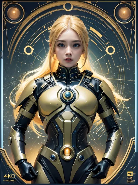 a beautiful young girl with yellow hair, a tight lightning-themed suit, and small breasts, wielding alien thunder weapons in a t...