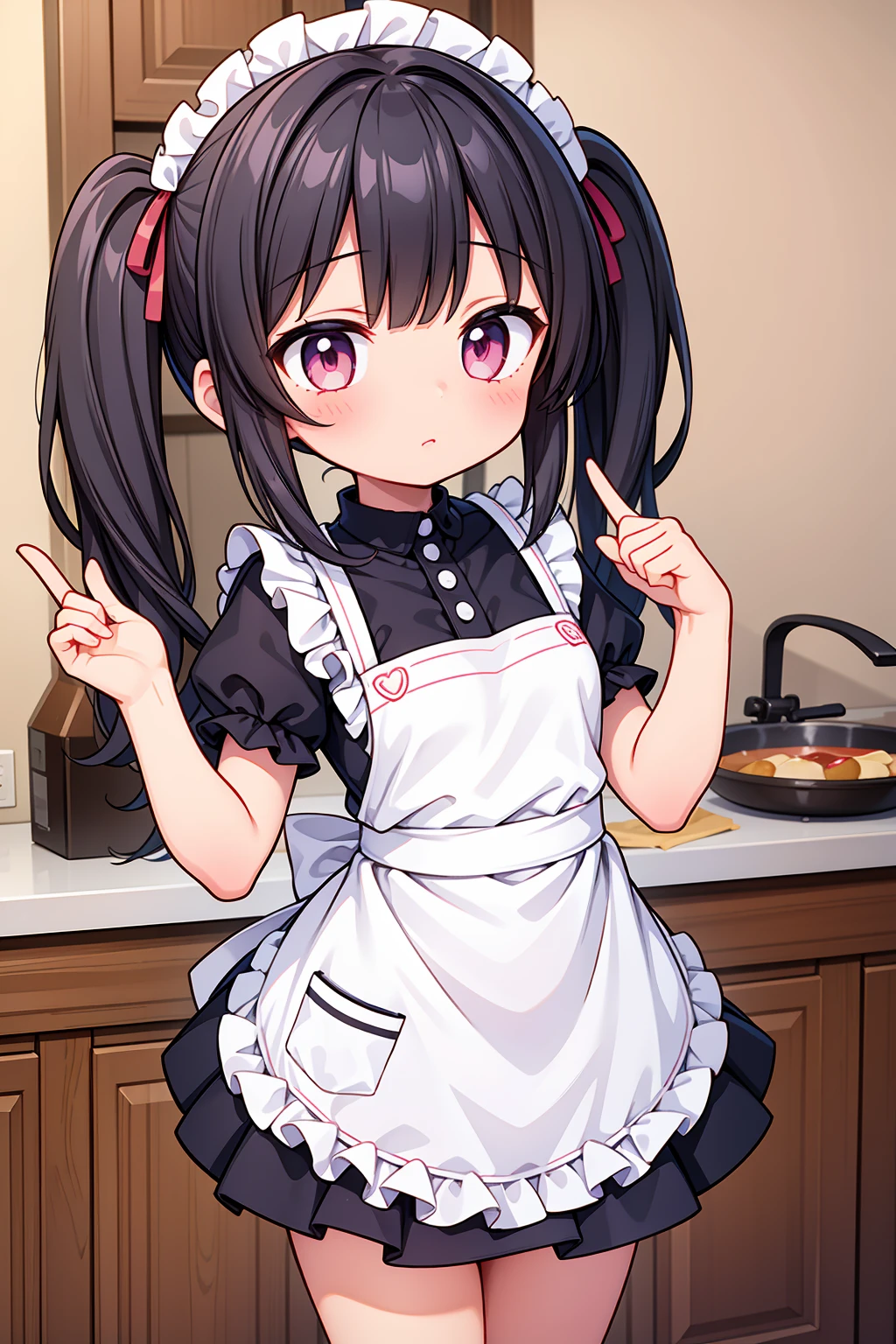 (8K, Highest image quality, highest quality, masterpiece), detailed face, ((loli)), ((girl)), (little loli curve), black hair, short twintails, pink eyes, (tiny breasts), (naked apron), cowboy shot, put your hand on your mouth, kitchen background, ((very blushing)), ((detailed hands and fingers)), viewer perspective from below, (blush)