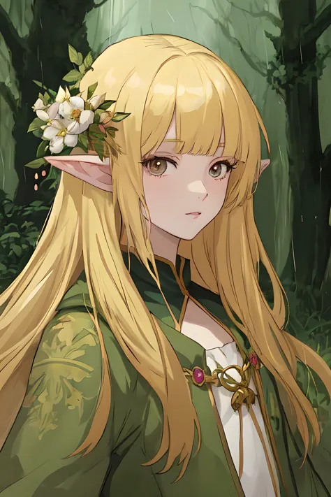 masterpiece, anime style, portrait, 1girl, blonde, long hair, blunt bangs, elf ears, flower in hair, ranger clothing, mature fac...