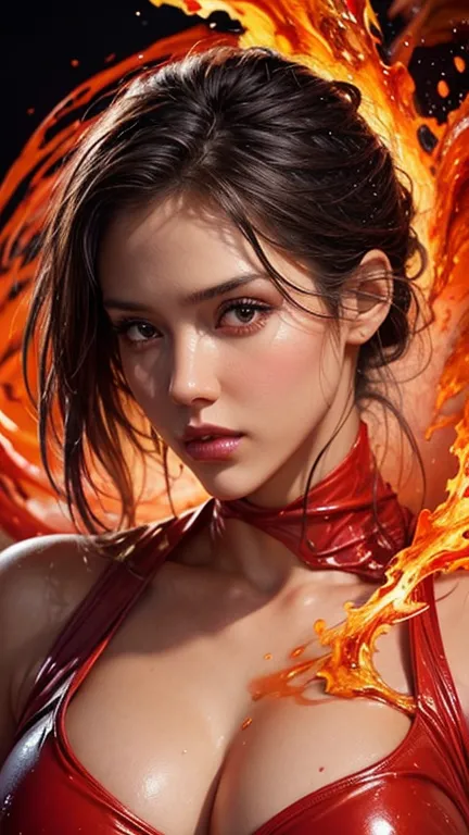 a digital painting of a beautiful attractive woman naked covered in spiral of splashing liquid fire red jumpsuit , a hyperrealis...
