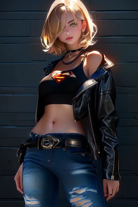 supergirl, ((tanned young woman, (blonde, blue colored eyes, short hair covering one eye, tanned skin with panty lines, perfectb...