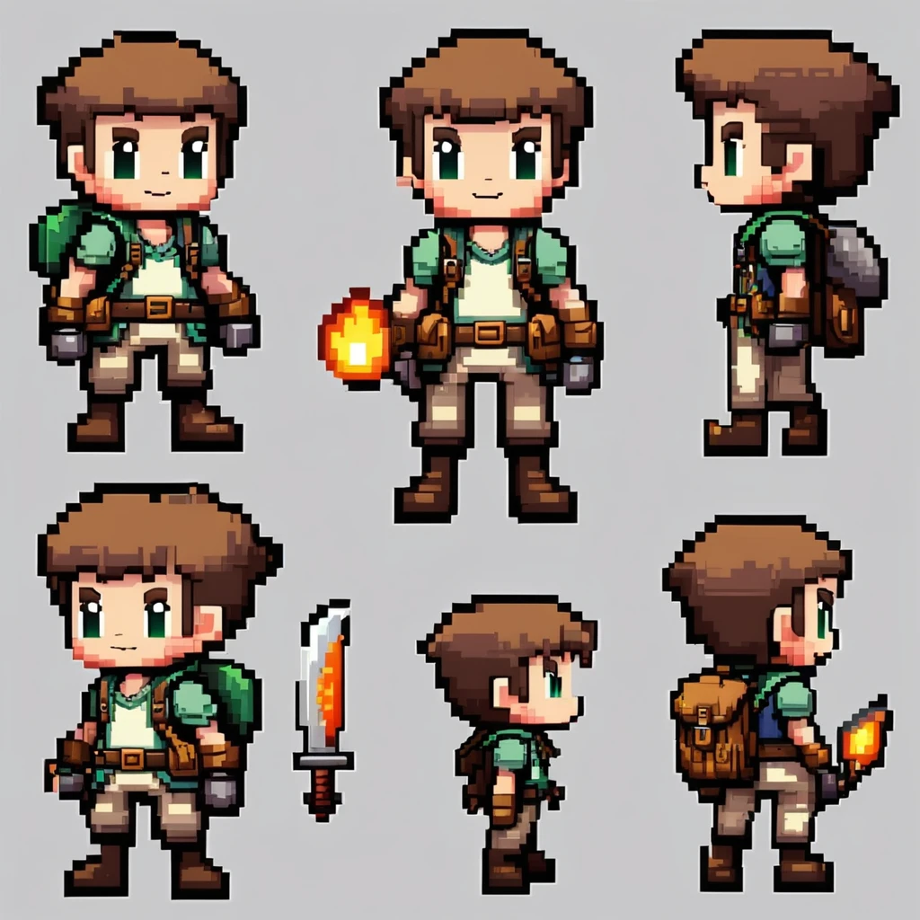 Pixel art,pixel art,Create an original character design sheet,main character of the game,boy,juvenile,adventurer&#39;s outfit,natural perm,musical instrument,bard,((3 views,whole body, background,multiple views,High resolution)),multiple views,multiple poses,Active,action pose,dynamic,nice,cute,masterpiece,highest quality,In detail,Gracefully,RPG,Famicom,Multiple characters,multiple outfits,Final Fantasy,boldly,