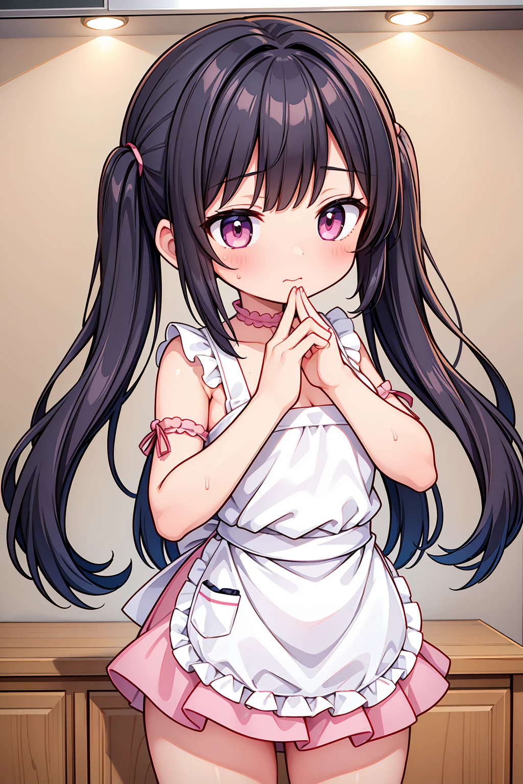 (8K, Highest image quality, highest quality, masterpiece), detailed face, ((loli)), ((girl)), (little loli curve), black hair, short twintails, pink eyes, (tiny breasts), (naked apron), cowboy shot, put your hand on your mouth, kitchen background, ((very blushing)), ((detailed hands and fingers)), viewer perspective from below, (blush)