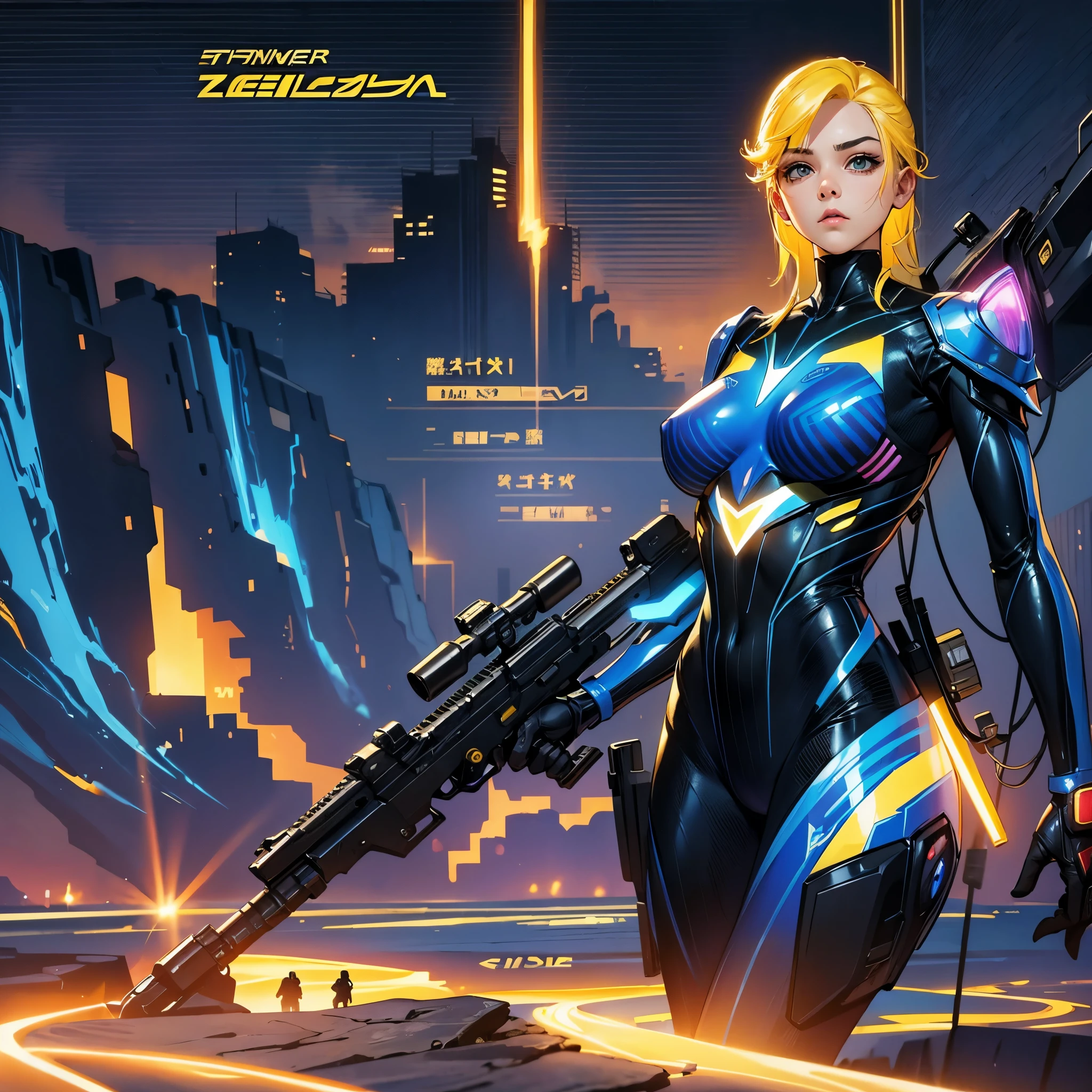 Thunder backdrop, thunder ranger, loli face, small breast, tight suit, speedy thunder, alien weapons , yellow hair