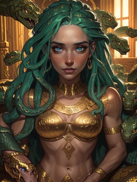 ((gorgon from Greek mythology )), full body, the hair is composed of countless small snakes, (((snake hair))), female face, meta...