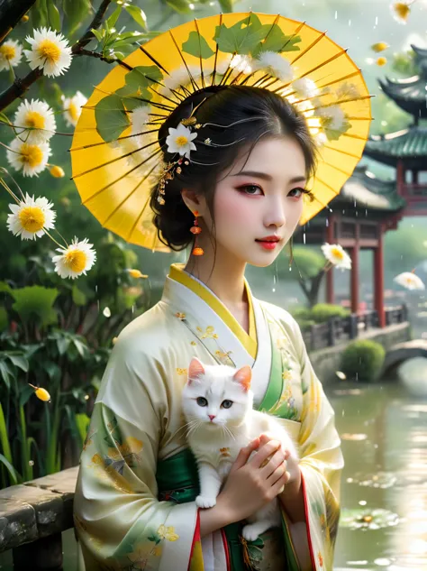 (Girl holding an oil-paper umbrella:1.3)，Girls Focus，Close shot，Stand on a small bridge，Running Water，Ancient Town，Jiangnan Scen...