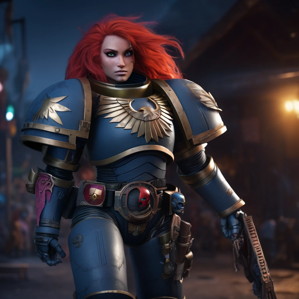 raw photo of a girl with a beautiful face and Crimson hair standing in village, smiling and looking at the viewer, she is wearing heavy armor, warhammer 40k, space marine, award winning photography, highly detailed, ultra detailed, 4k, 8k, wallpaper