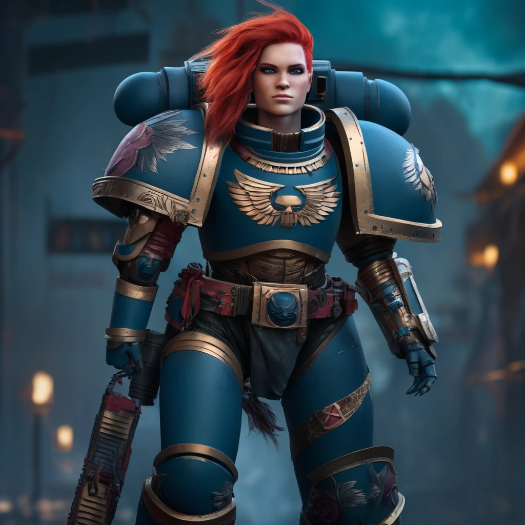 raw photo of a girl with a beautiful face and Crimson hair standing in village, smiling and looking at the viewer, she is wearing heavy armor, warhammer 40k, space marine, award winning photography, highly detailed, ultra detailed, 4k, 8k, wallpaper