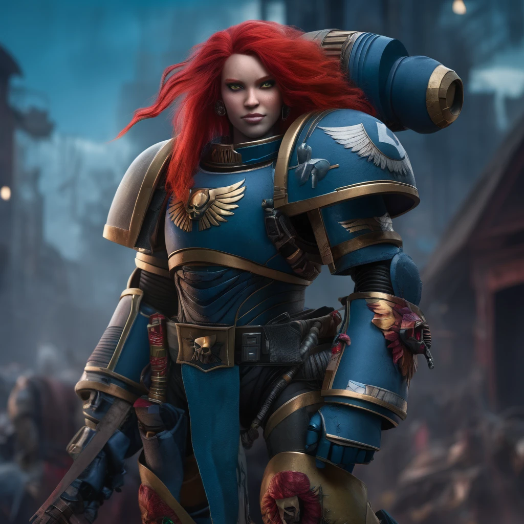 raw photo of a girl with a beautiful face and Crimson hair standing in village, smiling and looking at the viewer, she is wearing heavy armor, warhammer 40k, space marine, award winning photography, highly detailed, ultra detailed, 4k, 8k, wallpaper