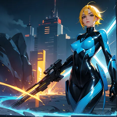 thunder backdrop, thunder ranger, loli face, small breast, tight suit, speedy thunder, alien weapons , yellow hair