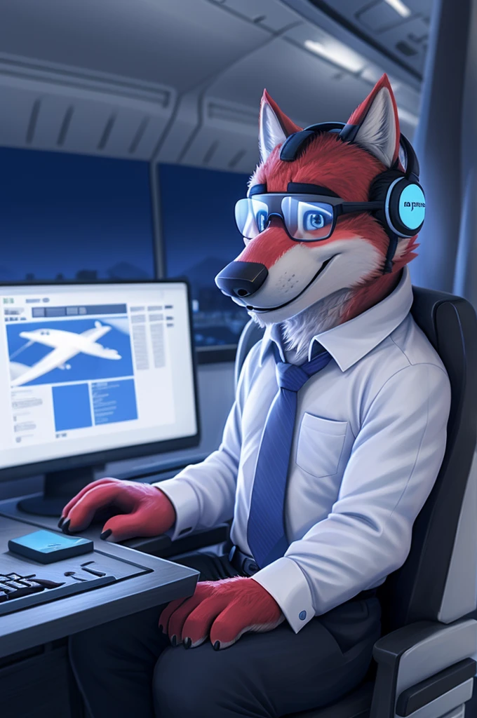 Иван Федорович Вольфбах air traffic controller россия, (Novosibirsk) ,tall handsome, wolf,young, 24 years, brown fur,Kind,(red body:1.3),beautiful blue eyes,Novosibirsk,dressed,civil aviation pilot uniform glasses,White shirt,commander&#39;s epaulettes, черный tie, trousers,air traffic controller, trousers,canine, wolf, detailed fur, male, second, paw pads, finger claws,At the viewer, 5 fingers, paws, 5 fingers, smile, wrist watch, т nextel,by xenoforge, (difficult, high detail, digital photography, soft focus, RAW,goes for a walk, ,Very close to the camera,airport,Novosibirsk, smile, good mood, positive, Very close to the camera, plaid shirt, At the hairdresser, without hair, captain&#39;s epaulets, 
Photorealism, realistic, photorealistic, digital style, Subsurface scattering,I look at the viewer,стоит White shirt is sitting, at the computer, radars, microphone, trousers, tie,air navigation tower, close to the camera,окно вид на airport и самолеты, is sitting, airplane symbol on jacket, headphones, smile хорошое настроение, 
masterpiece, Best quality, ultra realistic, 8 thousand.)