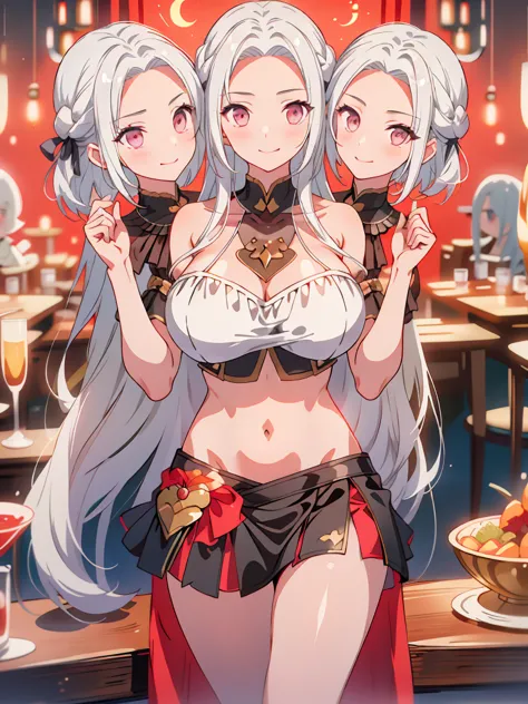 (masterpiece, best quality), best resolution, (3heads:1.5), 1girl, white-silver hair, long flowing hair, smiling, open belly, bl...