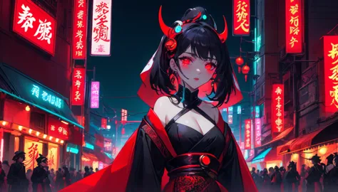 a girl dressed as a courtesan, teenager, one person, upper body, cyberpunk, red eyes, glowing eyes, neon street, courtesan proce...