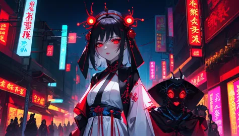 a girl dressed as a courtesan, teenager, one person, upper body, cyberpunk, red eyes, glowing eyes, neon street, courtesan proce...