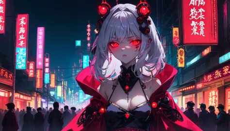 a girl dressed as a courtesan, teenager, one person, upper body, cyberpunk, red eyes, glowing eyes, neon street, courtesan proce...