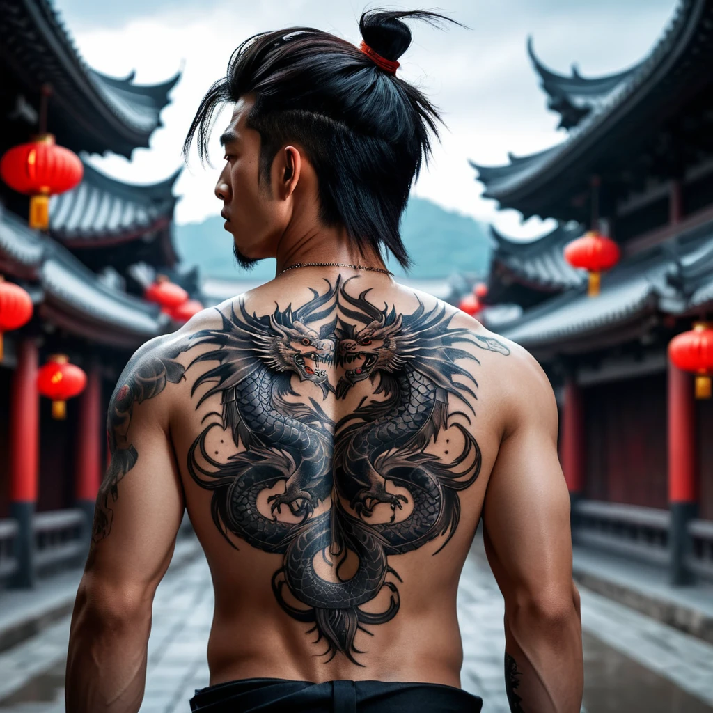 a close up of a man with a tattoo on his back, trending on cgsociety art, akira from chinese mythology, devinart, from kenshin, fullbody commission for, dramatic backgroung, hyperrealisticâ, dragon! man, photo - real, trending on artstaton, dramatic lightin, asian descent, style of aenami alena, jesse mccree