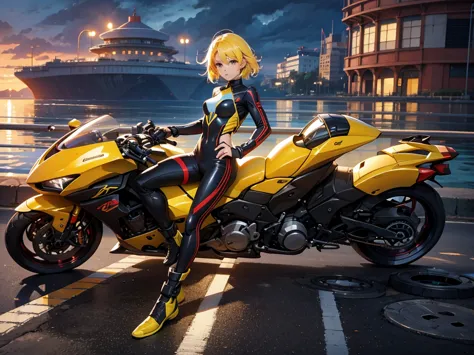 thunder backdrop, thunder ranger, loli face, small breast, tight suit, speedy thunder, alien weapons , yellow hair