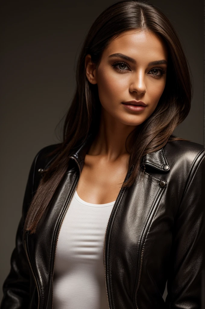Create a high-quality, professional photoshoot image of a woman confidently modeling a sleek, well-fitted leather jacket with detailed zippers, buttons, and seams. The jacket should look glossy and high-quality with light reflections emphasizing its texture. The model should have a modern, chic appearance with contemporary clothing and accessories, elegantly styled hair, and minimal, tasteful makeup. Use a clean studio background with professional lighting to highlight the model and the jacket, ensuring all contours and details are well-defined