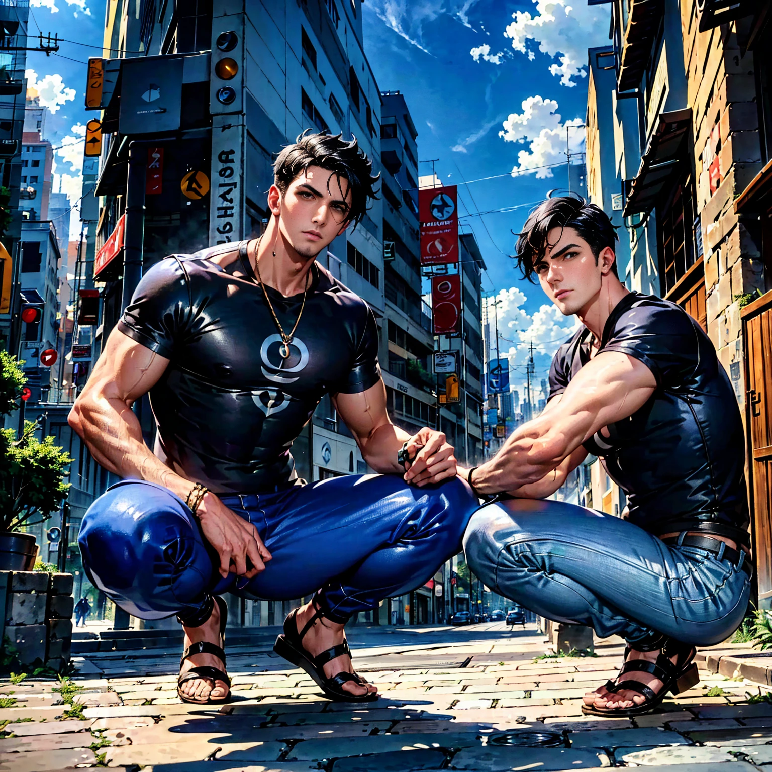 The cartoon-like illustration, fantastic atmosphere, a very handsome young man with black hair and black eyes, wearing a blue and white T-shirt, blue pants, and black sandals, squatting in a cityscape with a blue sky. He has a detailed, symmetrical face and clear, expressive eyes. The background should be a modern cityscape with a vibrant urban atmosphere.