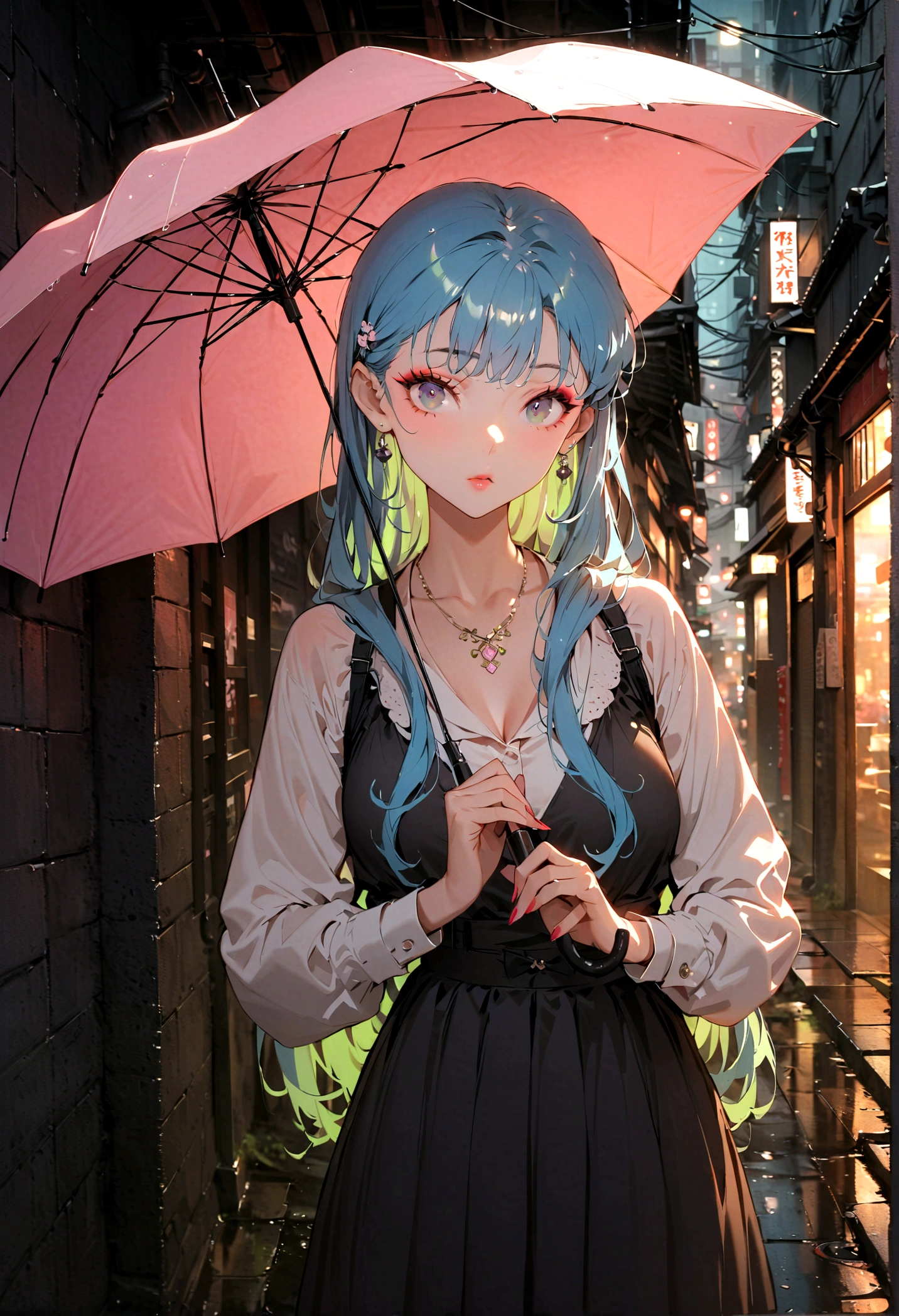 (best quality, masterpiece: 1.3), 1 Girl, Rainy Day, FOG, alley, Umbrella, Large and transparent umbrella, Looking at the audience, Blue Hair, Face Photo, Cyberpunk City, alone in the alley, neon in the alley, Very reflective city, Long hair, sized strands going over the alley, bar, Japan, Tokyo, Garter, Perfect hands, Beautifully, night,Proportional human body.close_up,Exquisite makeup