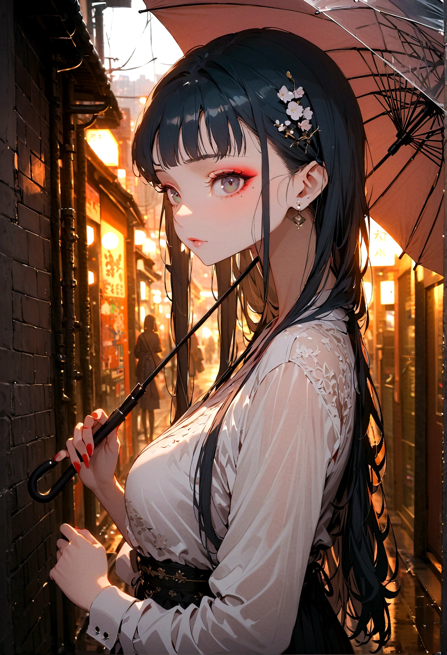 (best quality, masterpiece: 1.3), 1 Girl, Rainy Day, FOG, alley, Umbrella, Large and transparent umbrella, Looking at the audience, Blue Hair, Face Photo, Cyberpunk City, alone in the alley, neon in the alley, Very reflective city, Long hair, sized strands going over the alley, bar, Japan, Tokyo, Garter, Perfect hands, Beautifully, night,Proportional human body.close_up,Exquisite makeup