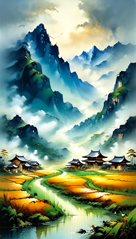 large terraced fields, mountains, huts, with rice fields, rice fields, neat rice seedlings in the fields, fog rain, villages, ag...