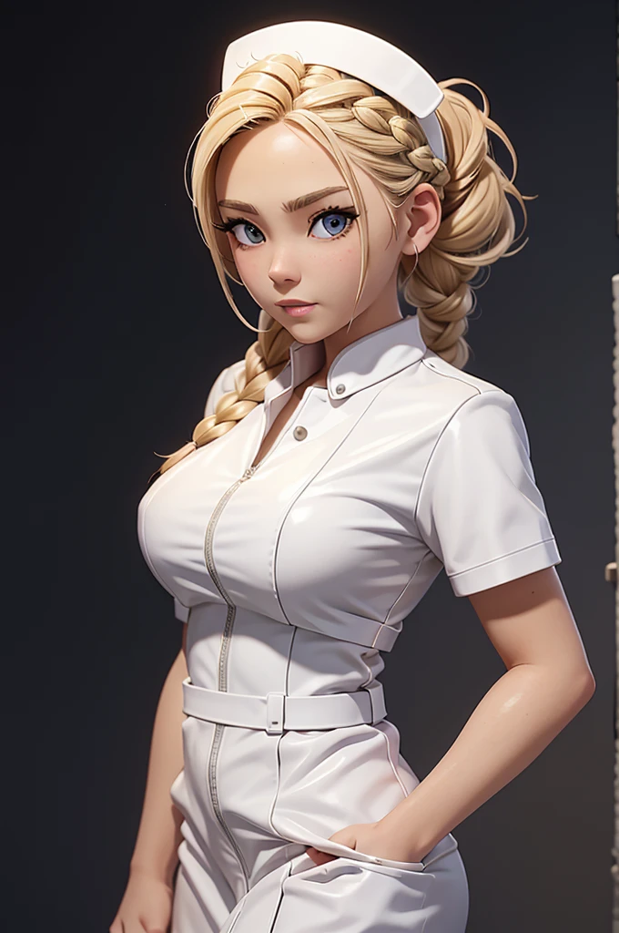 1girl, Blonde braided hair, Warrior, dressed in Glossy White Leather, also she's a Nurse, on the battle field.