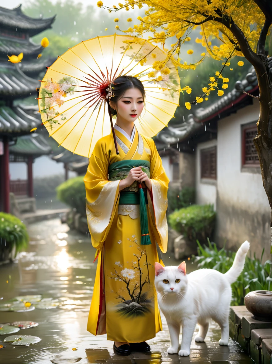 (Girl holding an oil-paper umbrella:1.3)，Girls Focus，Close shot，Stand on a small bridge，Running Water，Ancient Town，Jiangnan Scenery，antique，Spring rain，light rain，beauty，beautydelicate eyes，beautydelicate lips，Extremely detailed eyes and face，Long eyelashes，Chinese traditional clothing，Chinese Architecture，illustration，The image is bright，rich and colorful，Fine details，White cat，Soft Light，Dandelions flying down from the tree，The ground is covered with yellow-green leaves，Glowing silver light，Innocence，storybook-like，A gentle depiction of nature，Wear，Such beauty, in the style of Amanda clark, Evgeni gordiets