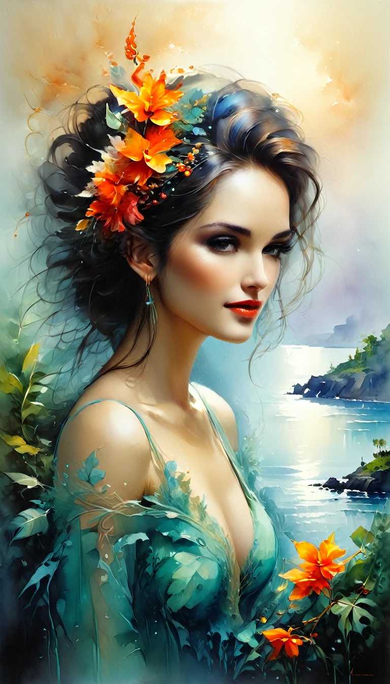 Watercolor, summer in all colors, fine drawing, beautiful landscape, pixel graphics, lots of details, delicate sensuality, realistic, high quality, work of art, hyperdetalization, professionally, filigree, hazy haze, hyperrealism, professionally, transparent, delicate pastel tones, back lighting, contrast, fantastic, nature+ rest on Maldives, fabulous Bali)), unreal, translucent, glowing