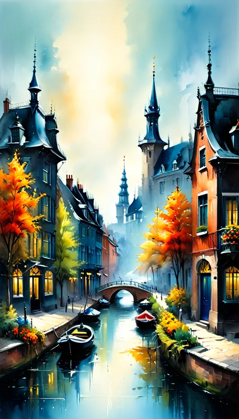 Holland, colored houses, canals, watercolor,color plant, fine black ink drawing,beautiful landscape, bright colors, lots of ligh...