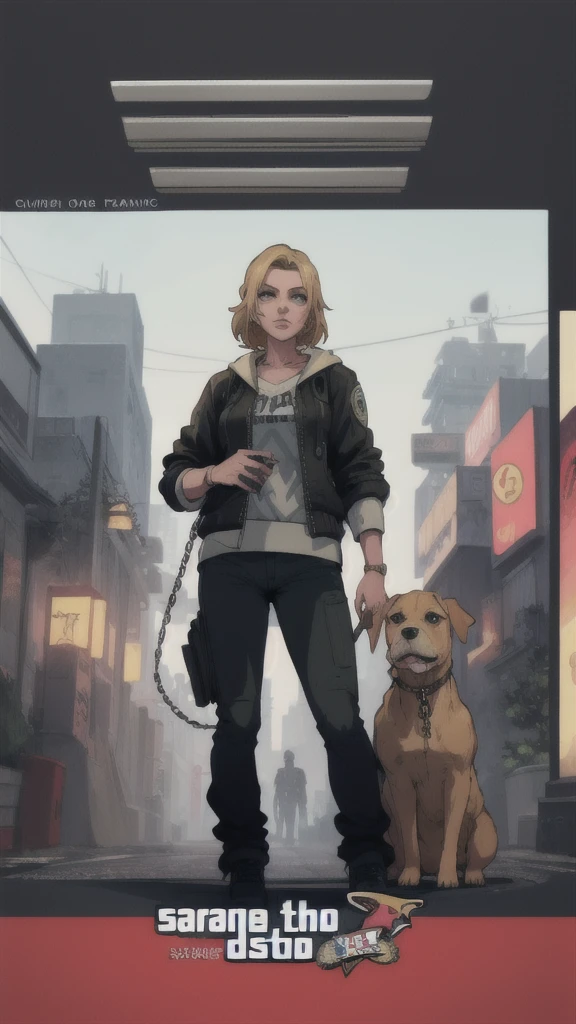 GTAV Loading Screen 2D Graphics, wide angle, whole body, blonde girl standing , holding a chiwawa and a pitbull on a chain with a leash, GTA5 character, cinematographic composition, in front of a city, shadow, bright cinematic lighting, soft contrast, GTA5 loading screen, gta art, 4K Wallpaper, 4K Wallpaper, high quality 4k wallpaper, gta loading screen graphics, arte the fan, art of rockstar games