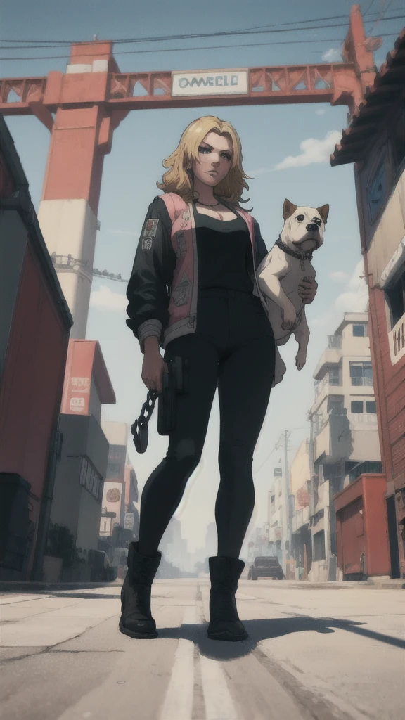 GTAV Loading Screen 2D Graphics, wide angle, whole body, blonde girl standing , holding a chiwawa and a pitbull on a chain with a leash, GTA5 character, cinematographic composition, in front of a city, shadow, bright cinematic lighting, soft contrast, GTA5 loading screen, gta art, 4K Wallpaper, 4K Wallpaper, high quality 4k wallpaper, gta loading screen graphics, arte the fan, art of rockstar games