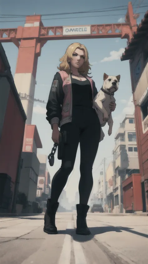 gtav loading screen 2d graphics, wide angle, whole body, blonde girl standing , holding a chiwawa and a pitbull on a chain with ...