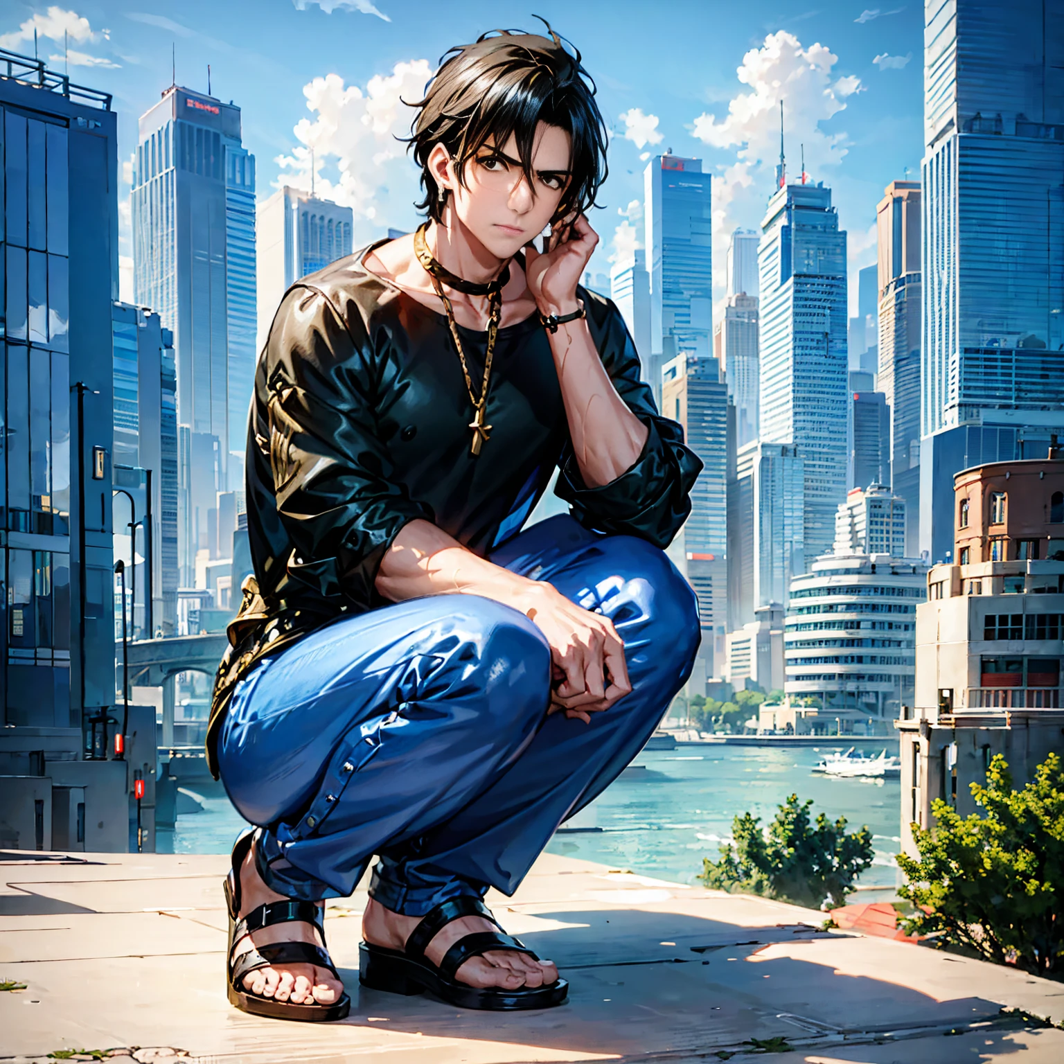 Ilustración tipo anime, ambiente fantástico, un joven muy guapo con cabello negro y ojos negros, con una camiseta azul y blanca, pantalones azules, y sandalias negras, en cuclillas solo en un paisaje urbano con un cielo azul. Tiene un rostro detallado, simétrico y claro, ojos expresivos. El fondo es un paisaje urbano moderno con una atmósfera urbana vibrante y sin nadie alrededor.