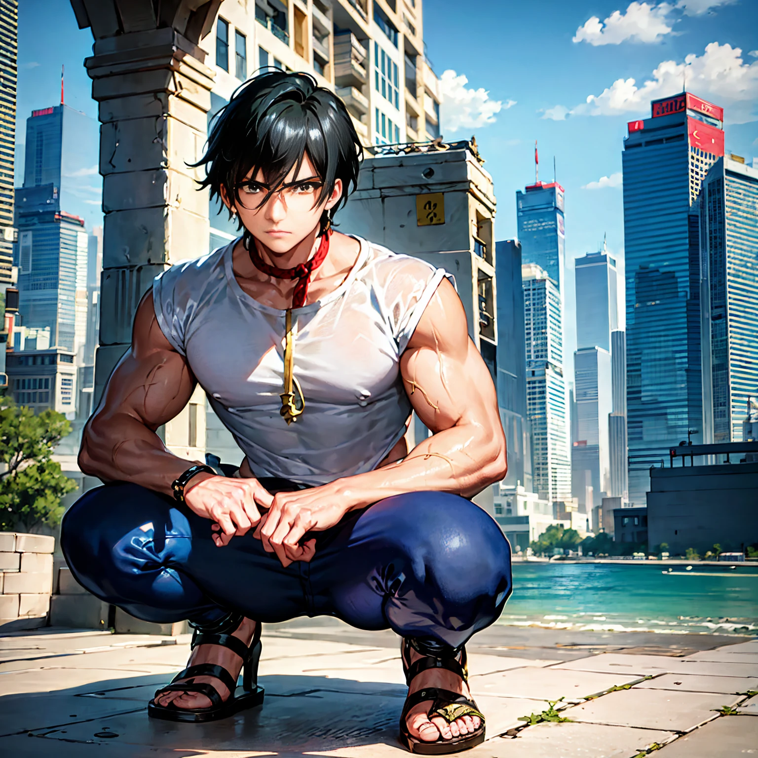 Anime-like illustration, fantastic atmosphere, a very handsome young man with black hair and black eyes, wearing a blue and white T-shirt, blue pants, and black sandals, squatting alone in a cityscape with a blue sky. He has a detailed, symmetrical face and clear, expressive eyes. The background is a modern cityscape with a vibrant urban atmosphere and no one around