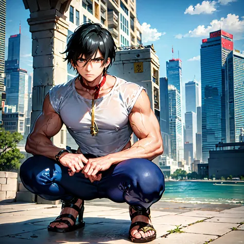 Anime-like illustration, fantastic atmosphere, a very handsome young man with black hair and black eyes, wearing a blue and whit...