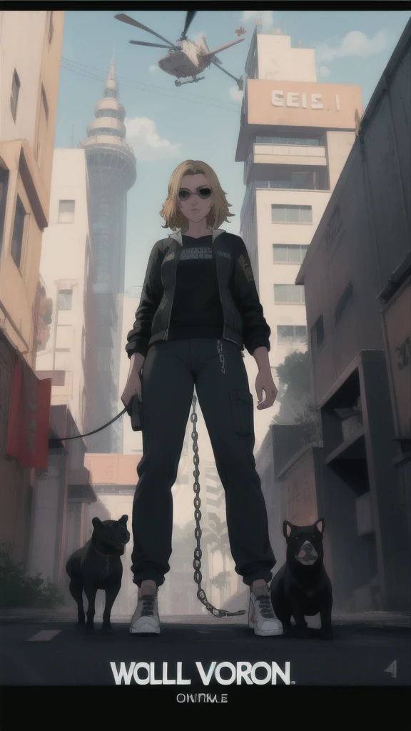 GTAV Loading Screen 2D Graphics, wide angle, whole body, blonde girl standing , holding a chiwawa and a pitbull on a chain with a leash, GTA5 character, cinematographic composition, in front of a city, shadow, bright cinematic lighting, soft contrast, GTA5 loading screen, gta art, 4K Wallpaper, 4K Wallpaper, high quality 4k wallpaper, gta loading screen graphics, arte the fan, art of rockstar games