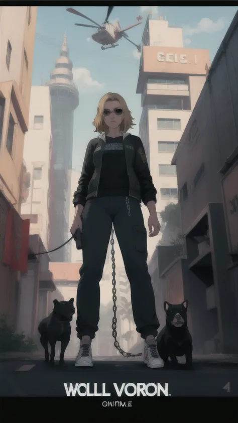 GTAV Loading Screen 2D Graphics, wide angle, whole body, blonde girl standing , holding a chiwawa and a pitbull on a chain with ...