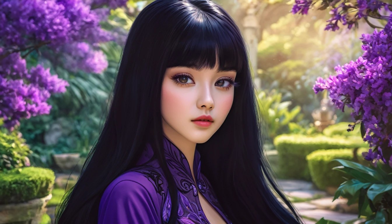 a beautiful girl with long black hair wearing a purple outfit, detailed facial features, striking gaze, elegant pose, in a lush garden setting, vibrant colors, detailed background, photorealistic, concept art style, cinematic lighting, ethereal atmosphere, 8k, high quality, masterpiece