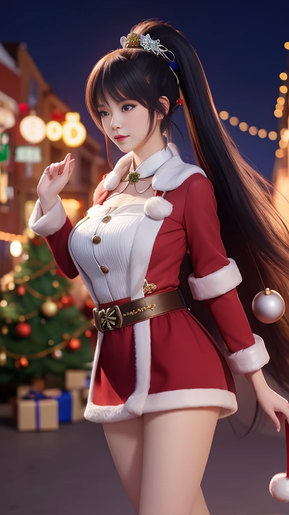 1 Girl, Long hair, skirt,Hair accessories, city View, night, , Boss,白色skirt,Ponytail,,blue eyes,Ponytail, Mrs. Claus,Christmas,