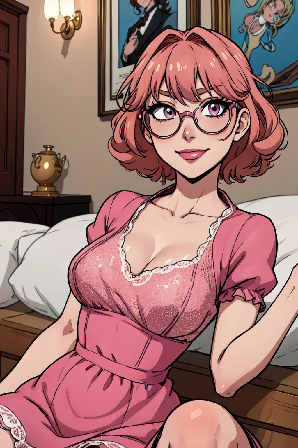 {-erro_de_anatomia:1.0}(best quality,4k,8k,highres,masterpiece:1.2) Anime girl tuxedo with curly hair, hazelnut hair and round gold glasses, rose gold eyes. Guviz style art, attractive detailed art style, Charlie Bowater Style, 1 7 - year - old cute anime girl, detailed manga style, detailed anime character art, germ of art. High detail, stunning manga art style. Rose dress. (pink dress) . Wearing rose gold Victorian clothing, dynamic poses, smile. Different Pose, upper body, sitting