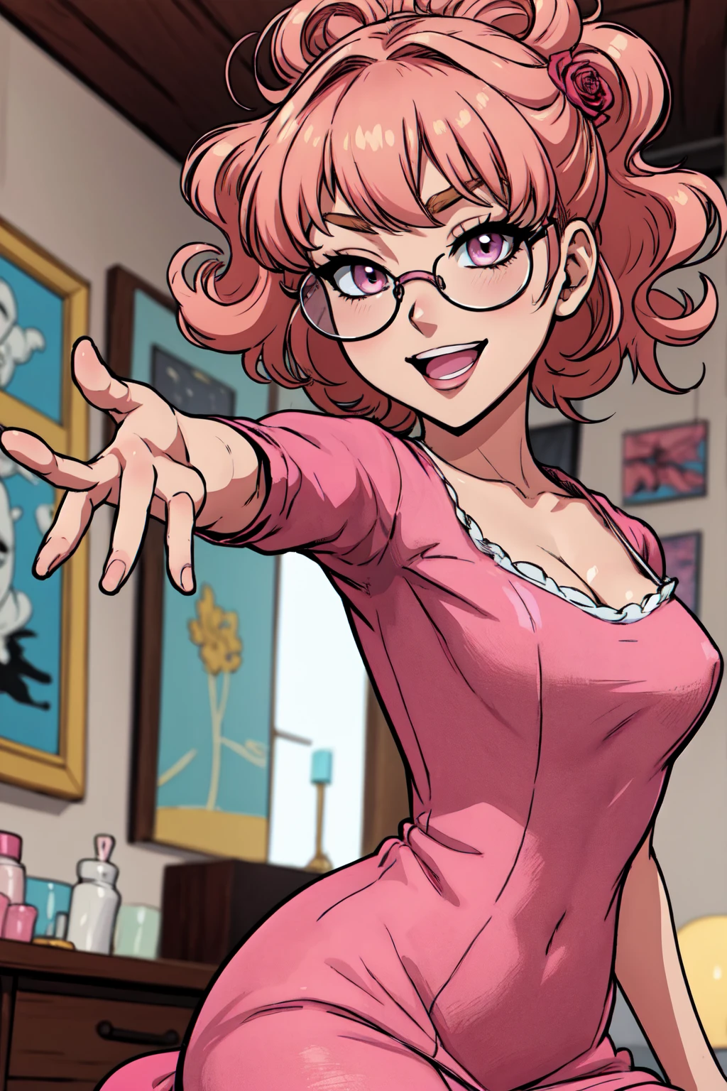 {-erro_de_anatomia:1.0}(best quality,4k,8k,highres,masterpiece:1.2) Anime girl tuxedo with curly hair, hazelnut hair and round gold glasses, rose gold eyes. Guviz style art, attractive detailed art style, Charlie Bowater Style, 1 7 - year - old cute anime girl, detailed manga style, detailed anime character art, germ of art. High detail, stunning manga art style. Rose dress. (pink dress) . Wearing rose gold Victorian clothing, dynamic poses, smile. Different Pose, upper body, sitting