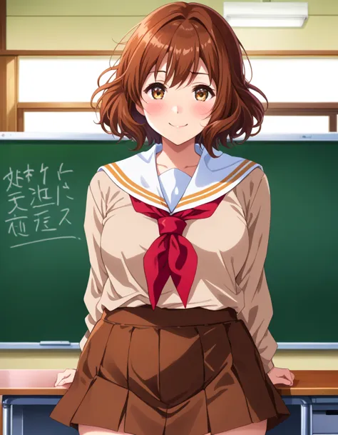 highest quality, high resolution, masterpiece, (beautiful eyes), (fine grain), detailed face, kumiko oumae, brown eyes, brown ha...