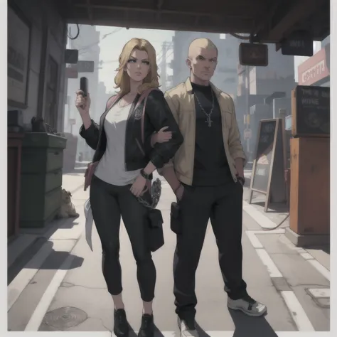 GTAV Loading Screen 2D Graphics, wide angle, whole body, blonde girl standing , holding an ametry and a pitbull with a chain on ...