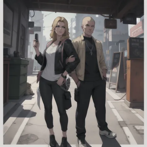 gtav loading screen 2d graphics, wide angle, whole body, blonde girl standing , holding an ametry and a pitbull with a chain on ...