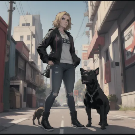 GTAV Loading Screen 2D Graphics, wide angle, whole body, blonde girl standing , holding an ametry and a pitbull with a chain on ...