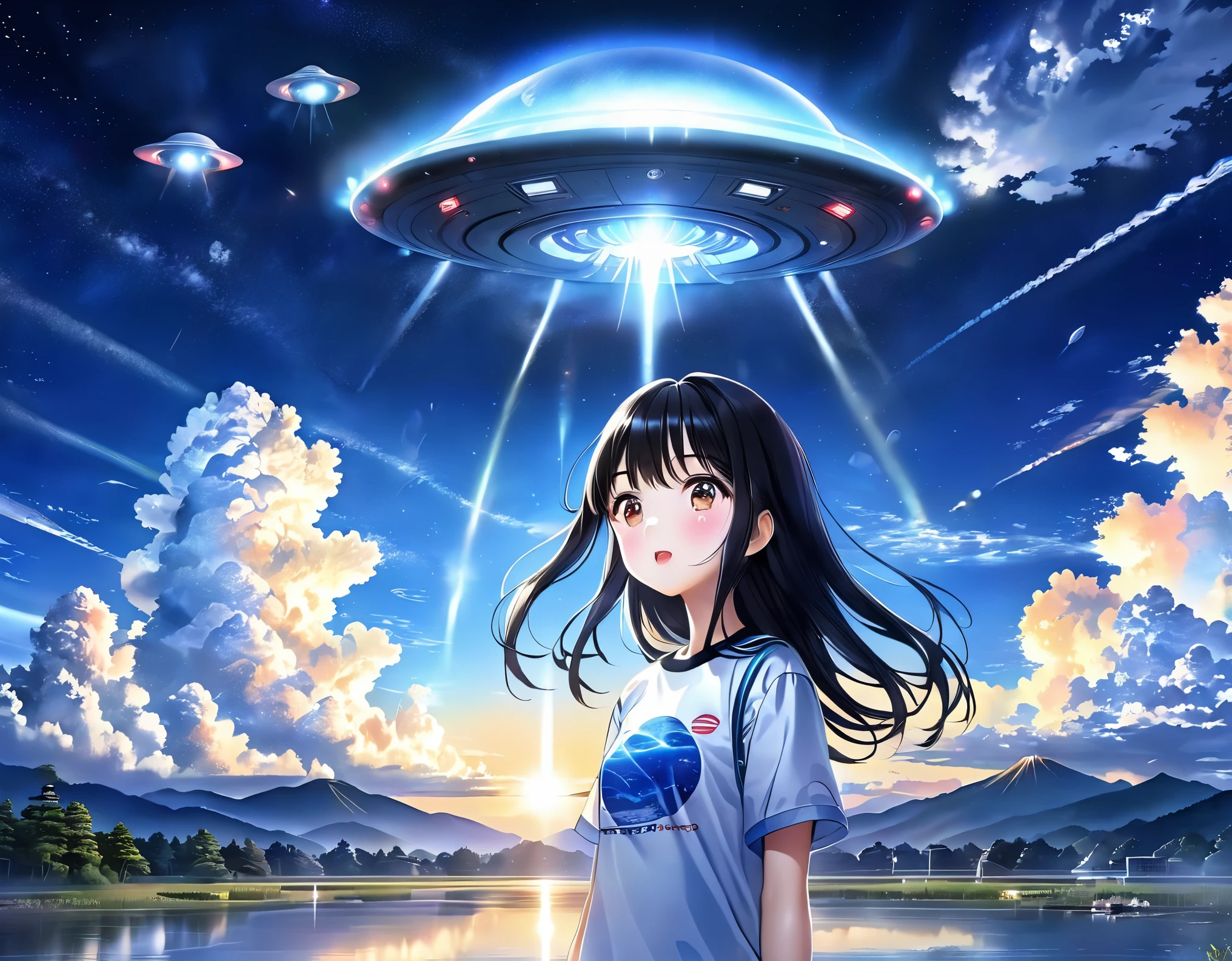 Black long hair、Twin-tailed Girl、Bigger in the center、T-shirt and jeans、Surprised face、A large unidentified flying object (UFO) is flying、Spaceman、A shining light from the UFO、blue sky、White cloud