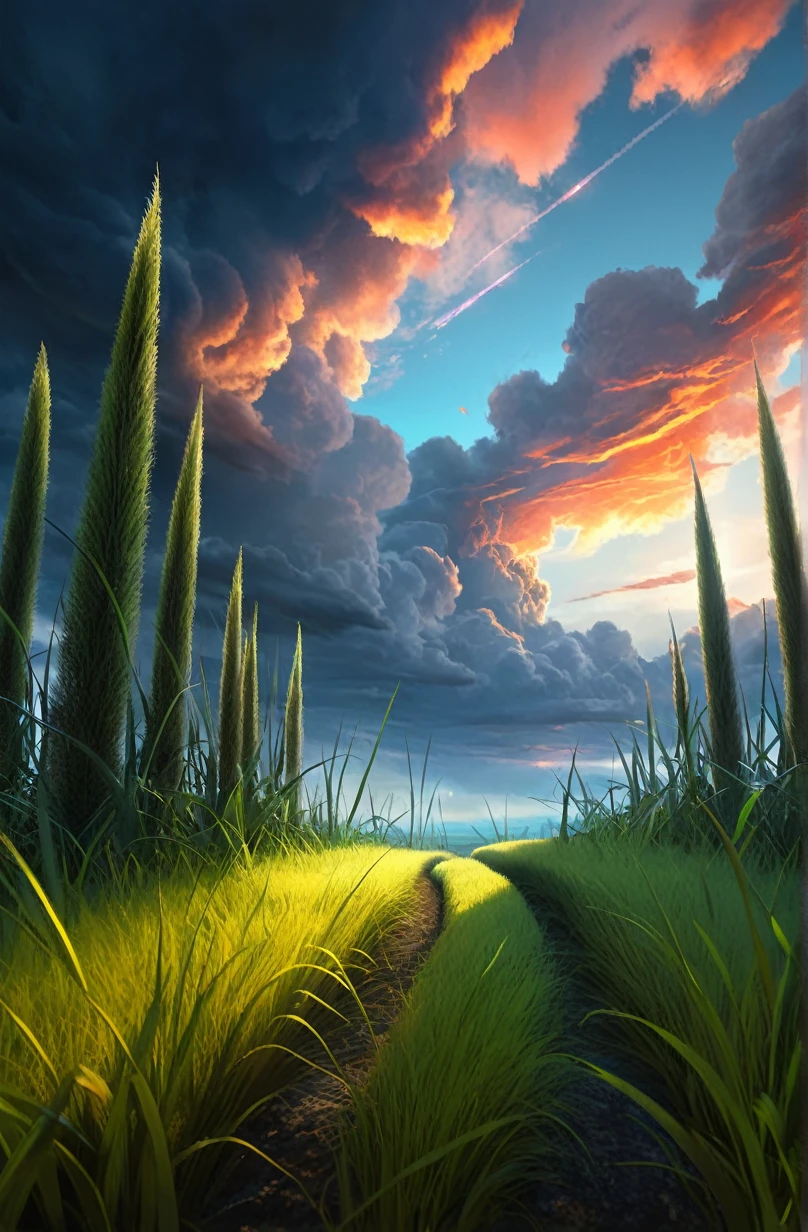 Abstract Scene, Whimsical, colorful, amazing,  Atmospheric, Cinematic, Dramatic lighting, Cinematic view, amazing sky, detailed, Concept Art, Low - Angle, High detail, Warm lighting, Volumetric, Godley, Vivid, beautiful, Trending on Art Station, Jordan Grimmer, Huge scene, Grass, Art Greg Rutkowski